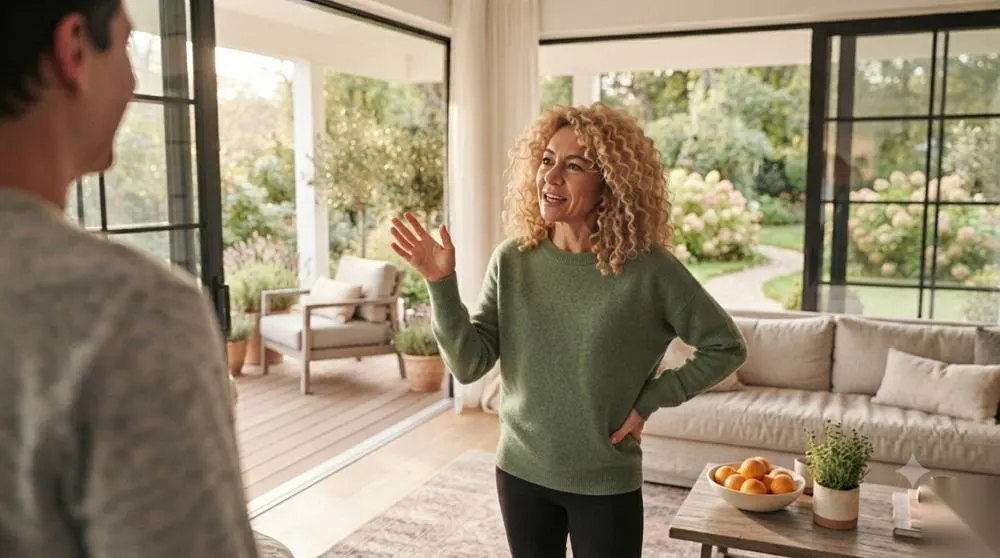 Woman smiling confidently in a bright sunroom