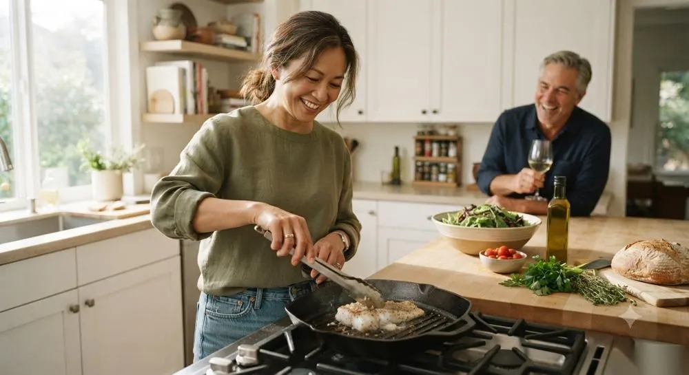 Woman cooking a protein-forward meal in her kitchen