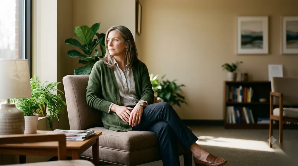 Woman sitting thoughtfully in a calm, sunlit room